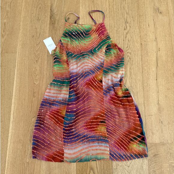 The Wold Gang Dresses & Skirts - The Wolf Gang Sequin Mini Dress Rio Size L Orange Green Multicolor Sunset